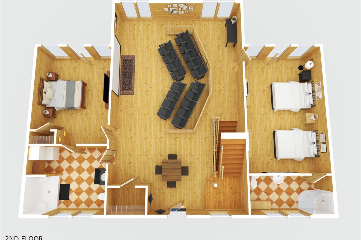 King rooms and double queen rooms with en suite bathrooms and private balconies. Giant theater room and game table. 