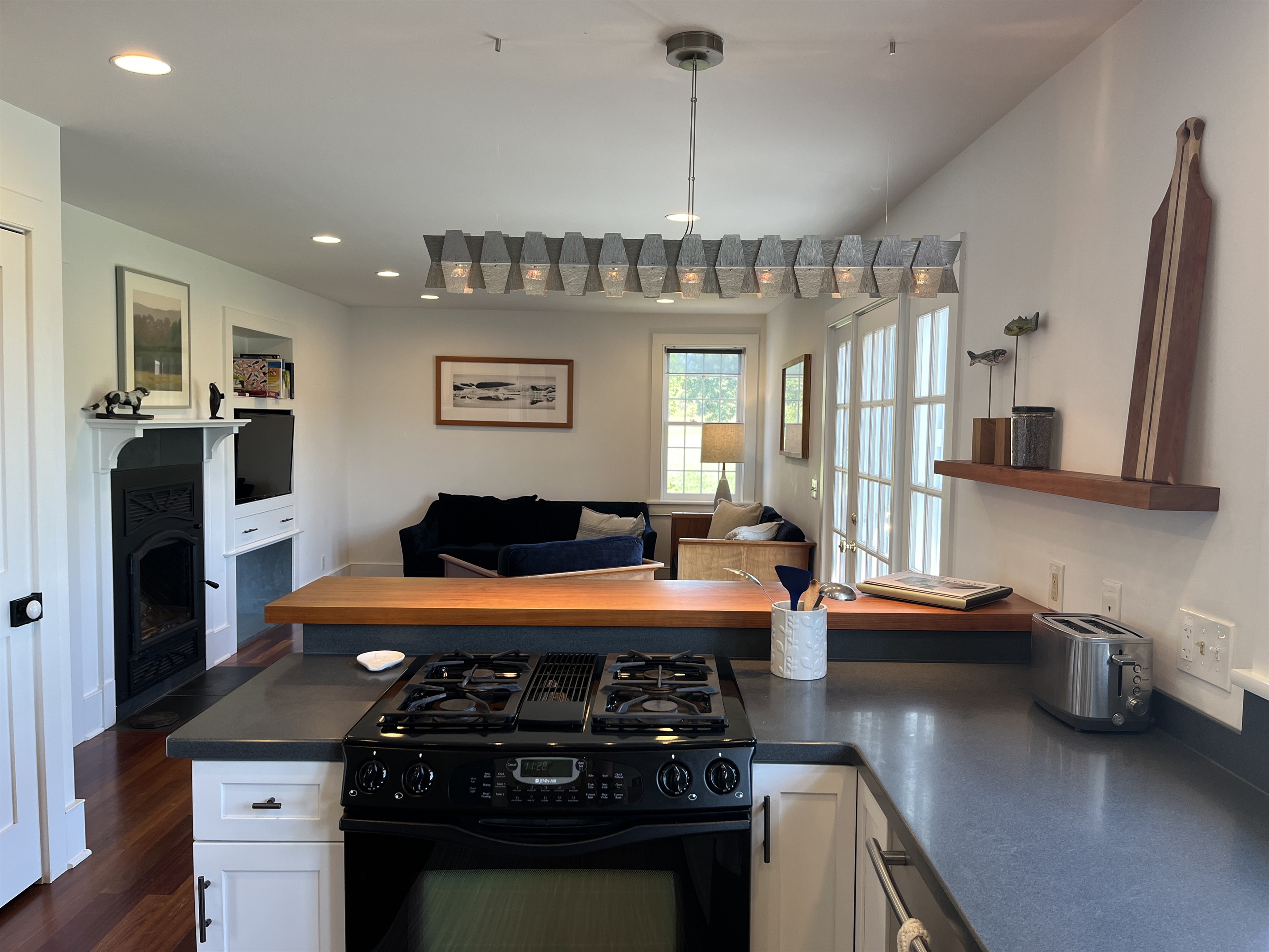 Kitchen/living room with locally made light fixture