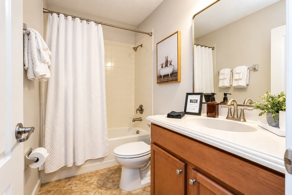 Another bathroom! This one with a tub which is great for bathing kiddos.