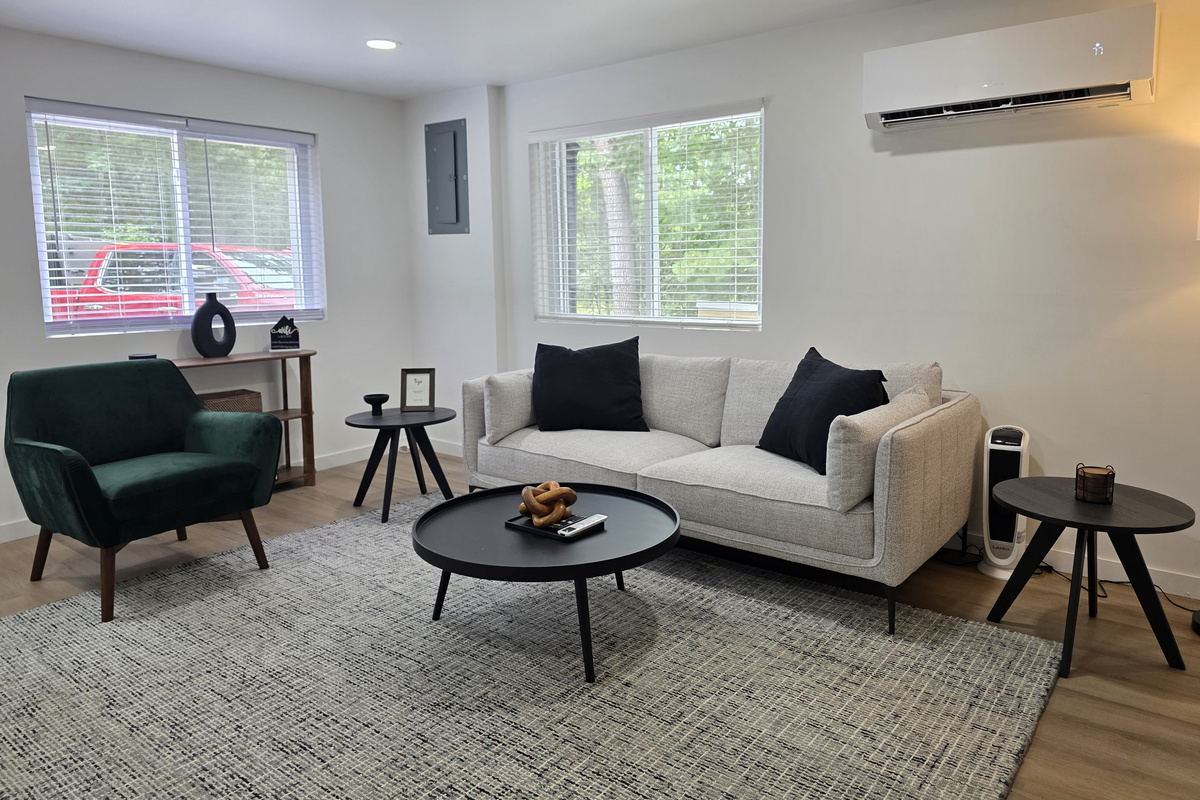 Living room with large windows.