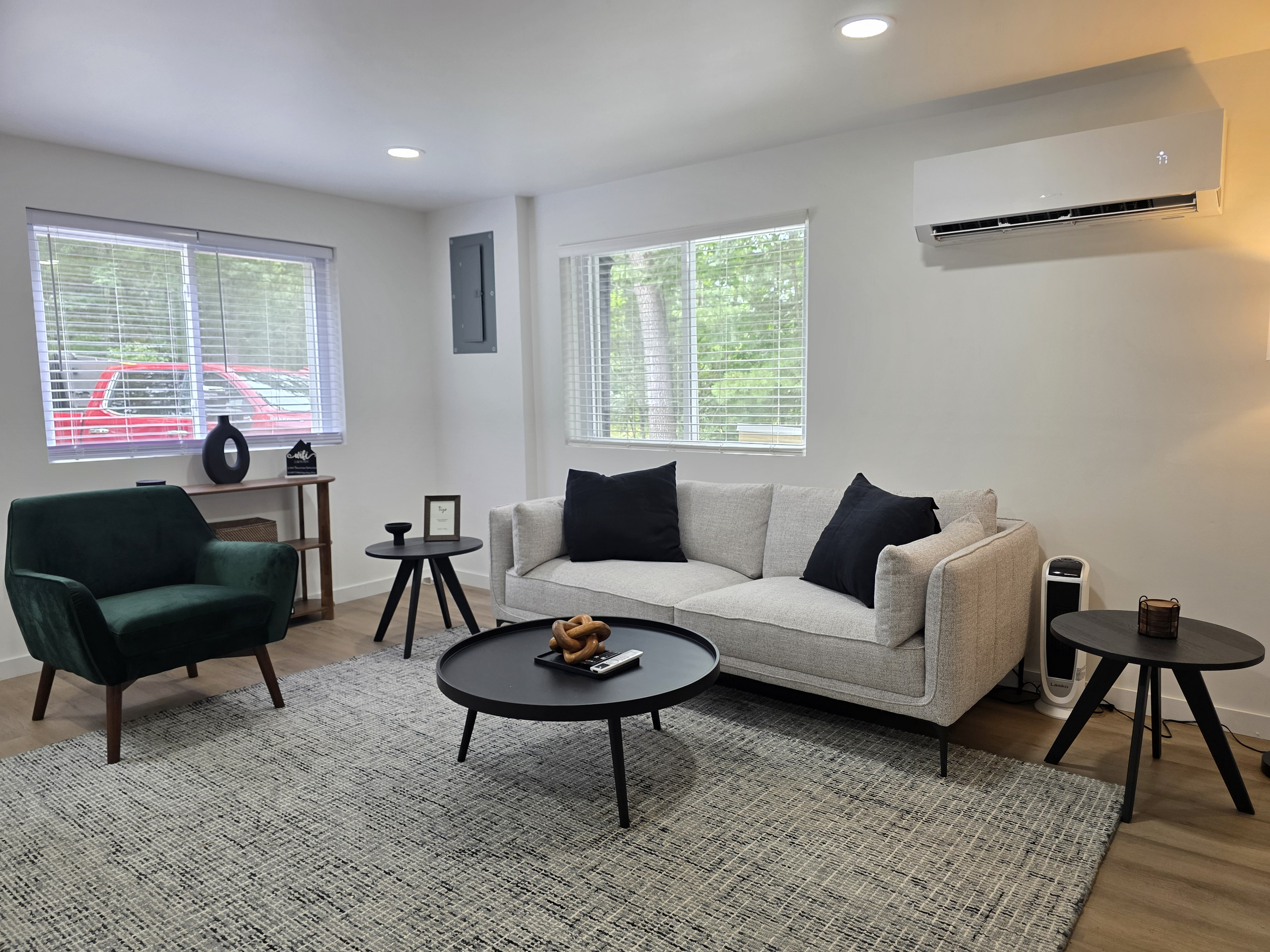 Living room with large windows.