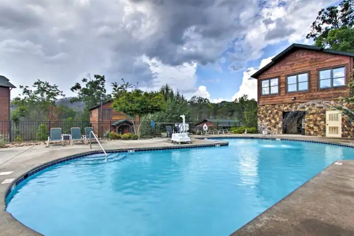 Gatlinburg Falls Resort pool located approximately 10 houses up the hill from Cypress Lodge. Open season is based on weather conditions but typically open from Memorial Weekend to Labor Day weekend.