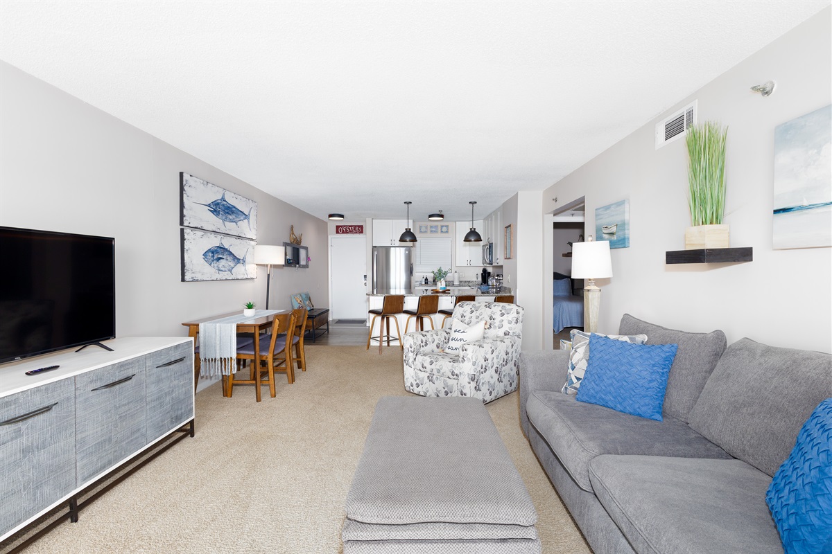 The kitchen area seen from the living room