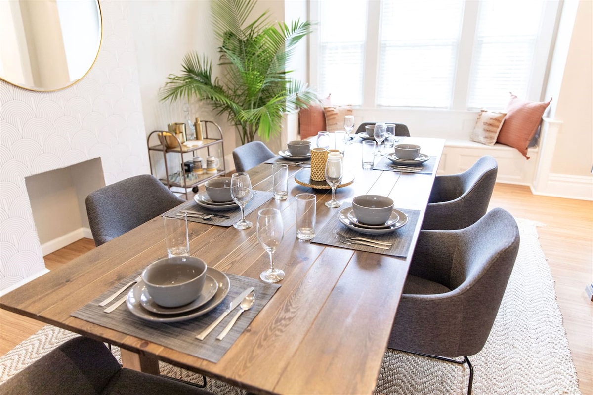 Spacious 6-seater dining table, ideal for enjoying meals with family or friends, creating a welcoming and comfortable atmosphere for any occasion.