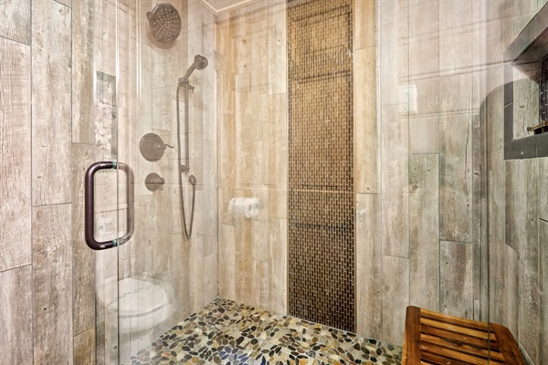 Oversized tile shower in downstairs bathroom