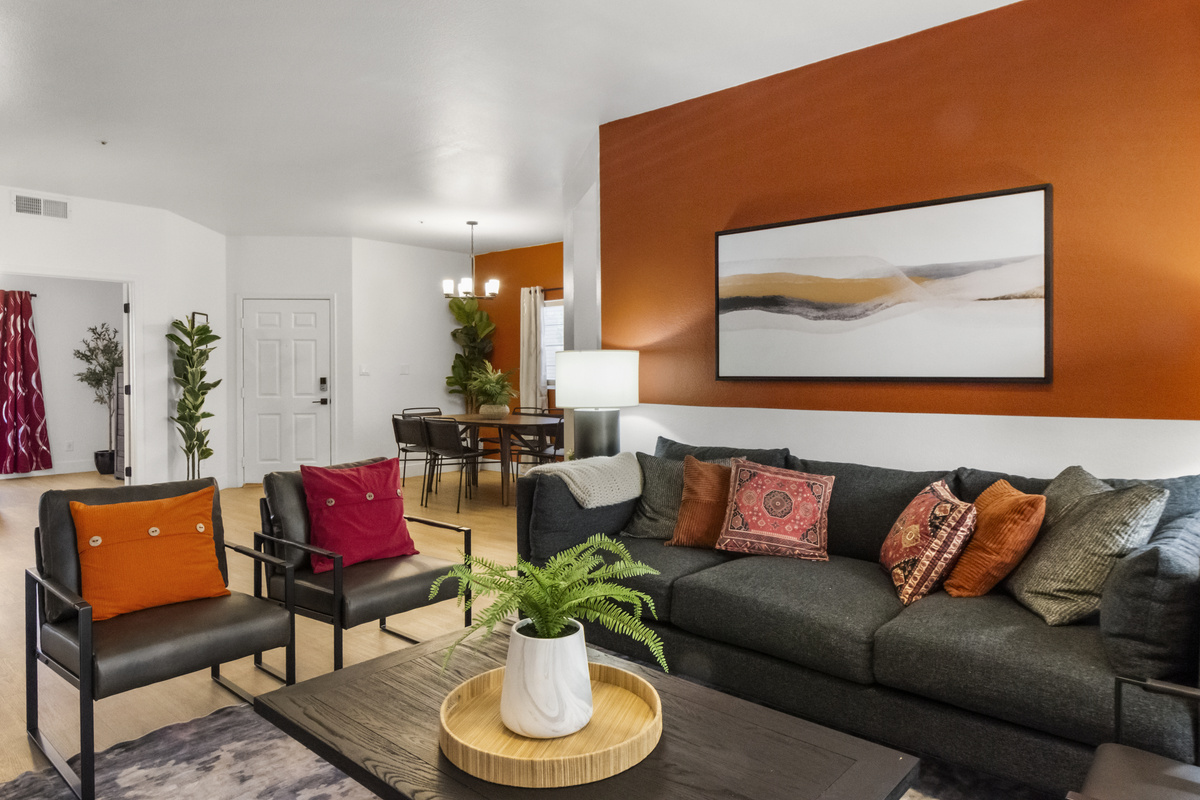 Modern living room with Roku TV, cozy sofa, and fast Wi-Fi.