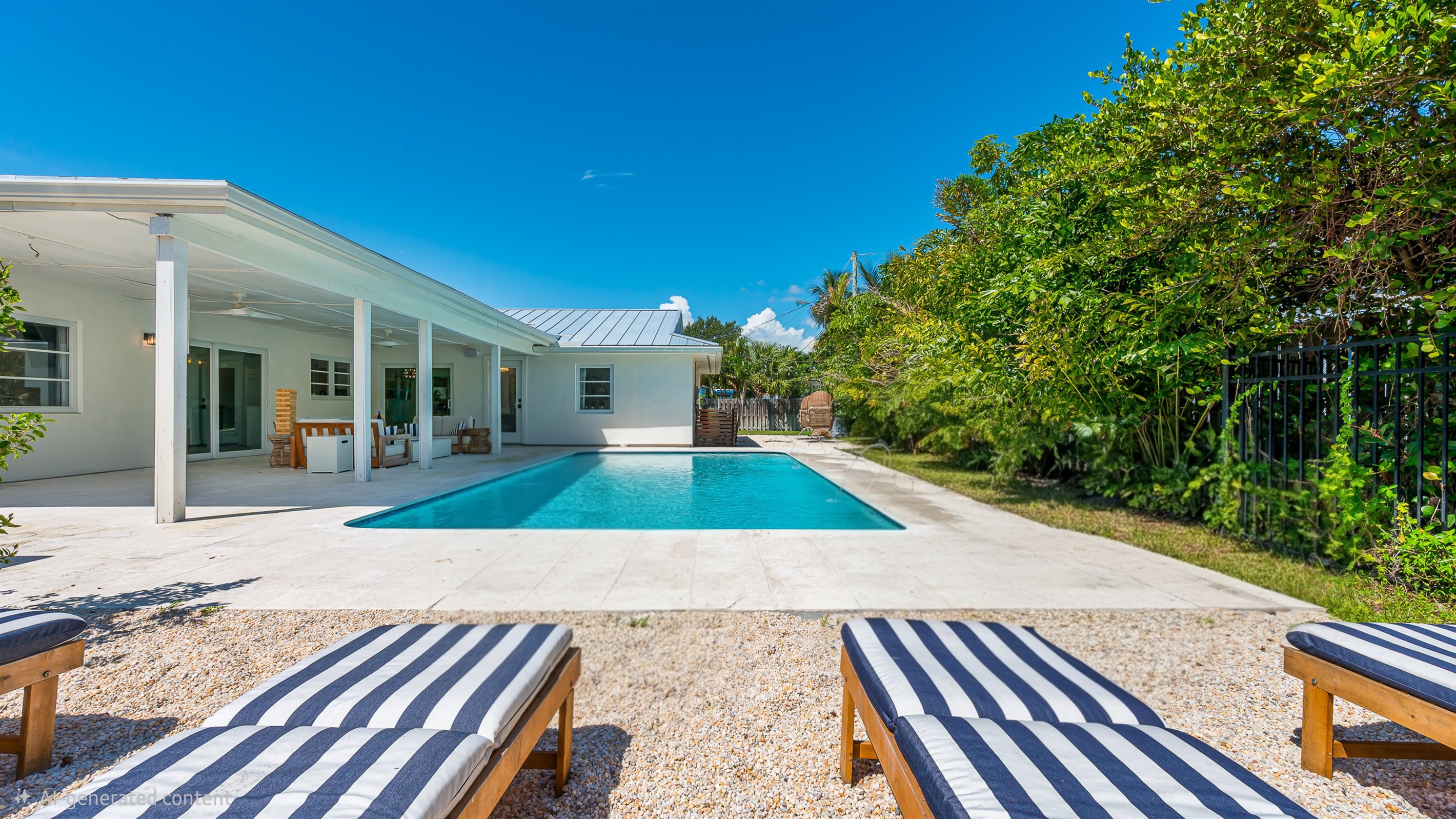 The pool deck is finished in shell white limestone, offering a beautiful natural backdrop.  By night, enjoy the tiki bar, TV, fire table, and the glow of the Jupiter Lighthouse Beacon 