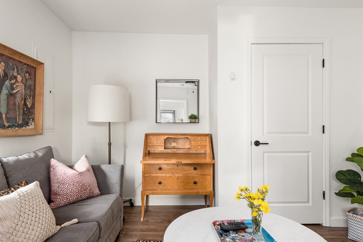 Dresser doubles as desk - perfect to access the super fast fiber Wifi.