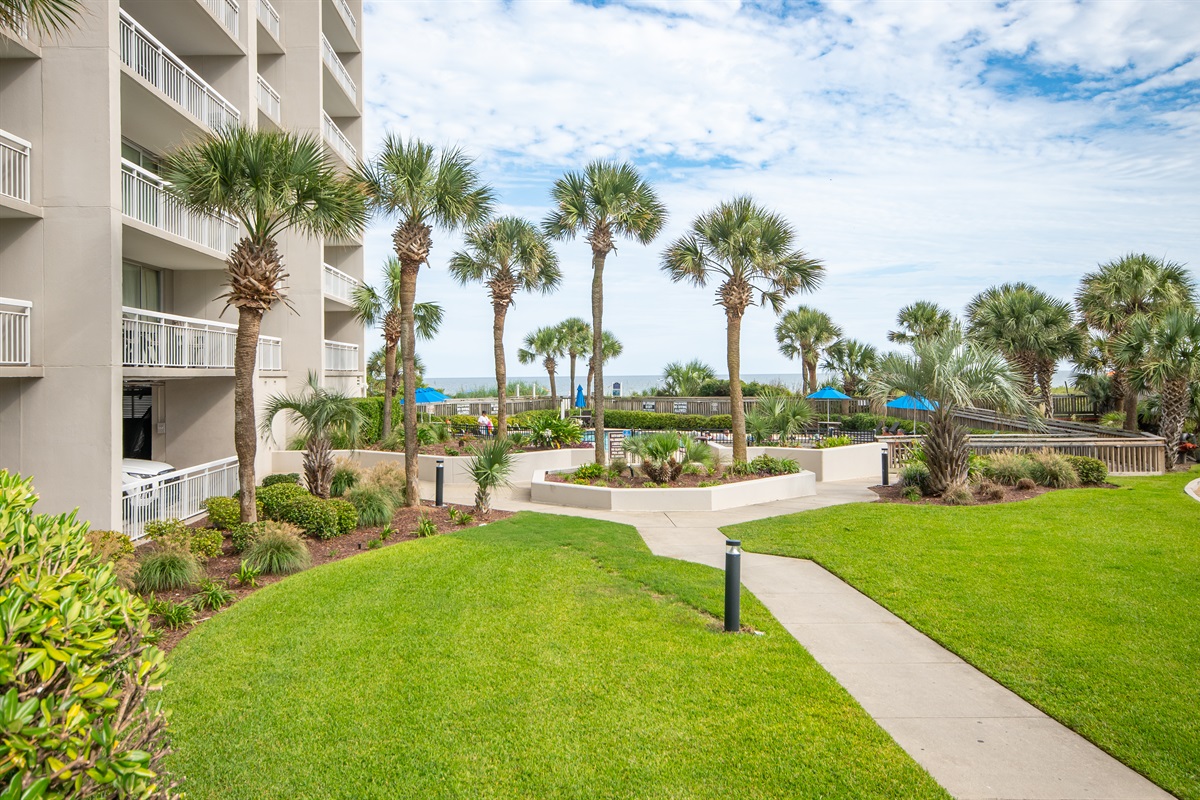 Walkway to beach or pool.