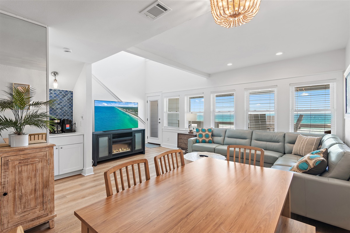 Sea Winds 8 Second Floor has the Primary Living Space featuring Big Gulf Views, leather sectional, dining space, a 65" Smart TV, coffee bar, and Gulf Views! 