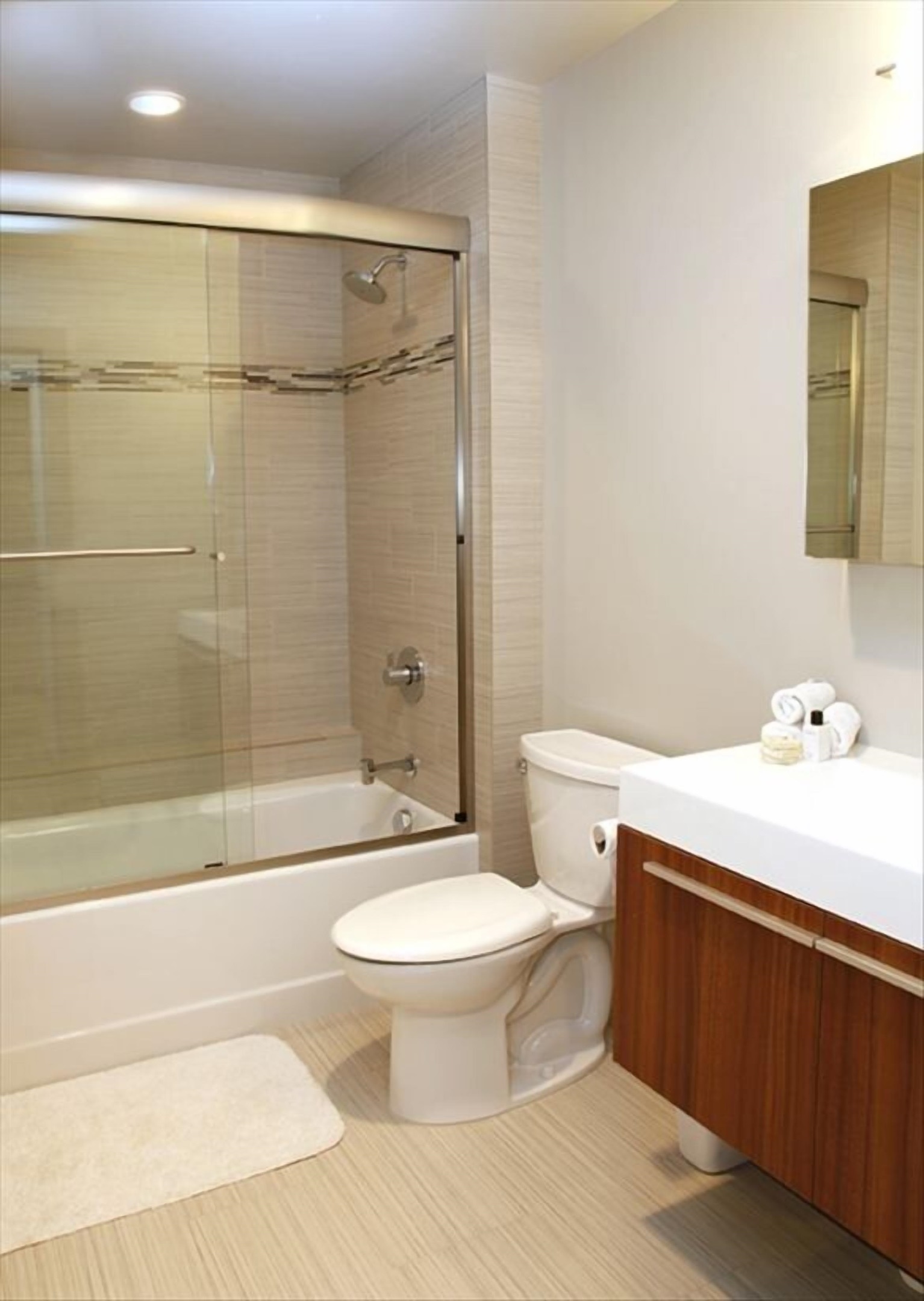 Hall bathroom has tub and shower combination