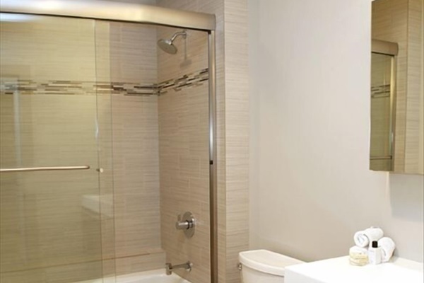 Hall bathroom has tub and shower combination
