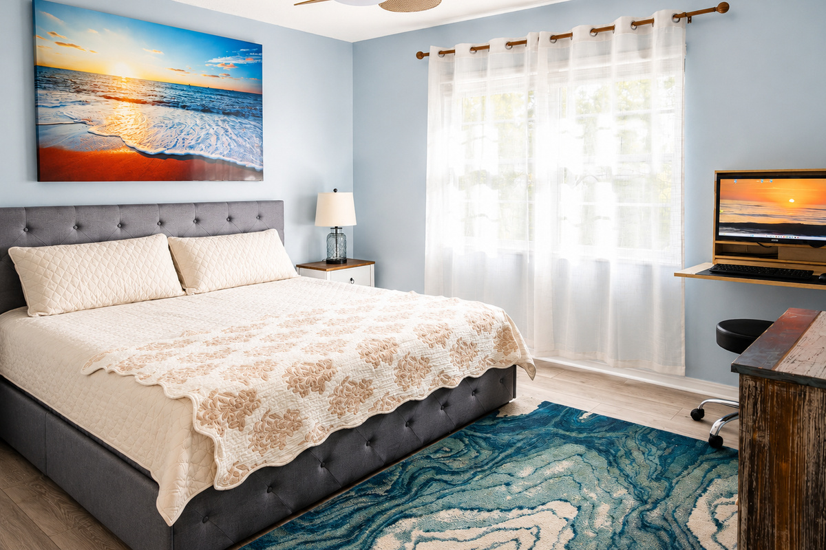 Serene coastal bedroom with tufted headboard, sunset art, and ocean‑inspired décor.
