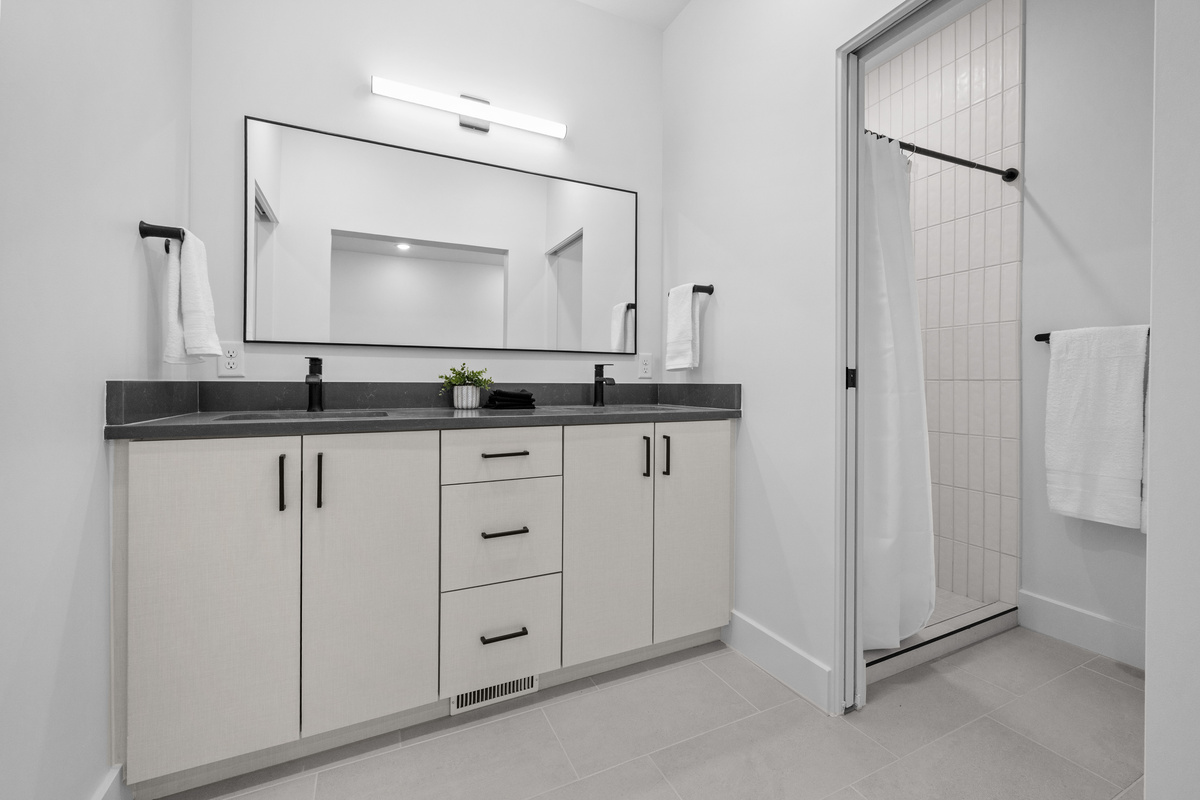 Double vanity makes getting ready easy for groups and families.