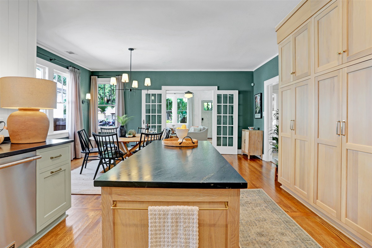 The large island offers plenty of room for meal prep, serving dishes, or unpacking farmers market finds.