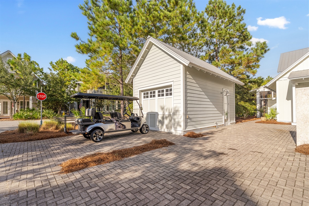 Plenty of parking unlike many cramped area homes.  If you rent a golf cart from the Watercolor rental pool there is plenty of space and an outdoor outlet for charging. 
