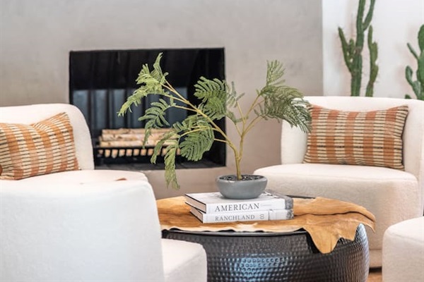 Fireplace seating area with cozy accent chairs, sculptural coffee table, and warm textures creating an inviting conversation space.