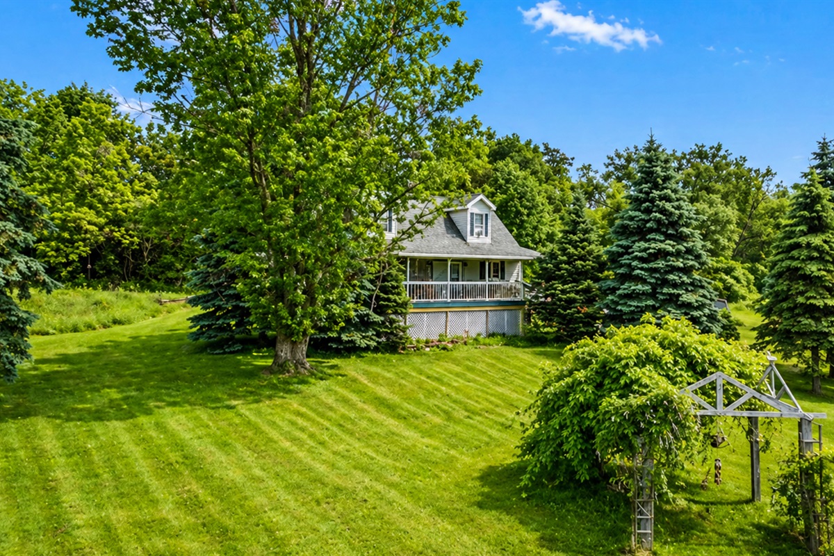 This serene property boasts a charming house surrounded by lush greenery and tall trees, offering a peaceful retreat.