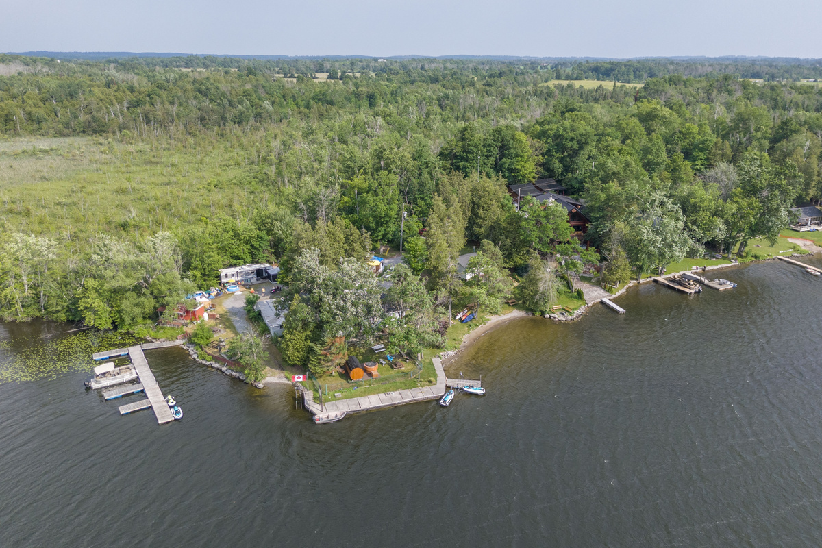 Elevated aerial view of the Paradise Escape waterfront setting