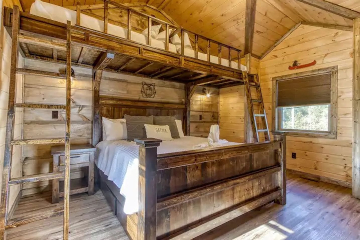 Bear room.  Located on the third floor of the cabin.  This bedroom has a king size bed and custom designed bunk.