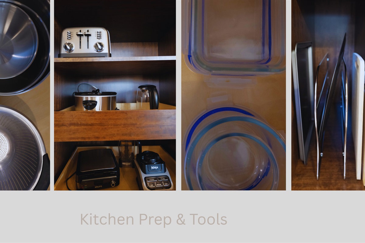 Prep with ease using a fully equipped kitchen stocked with cookware, appliances, cutting boards, and food storage essentials.