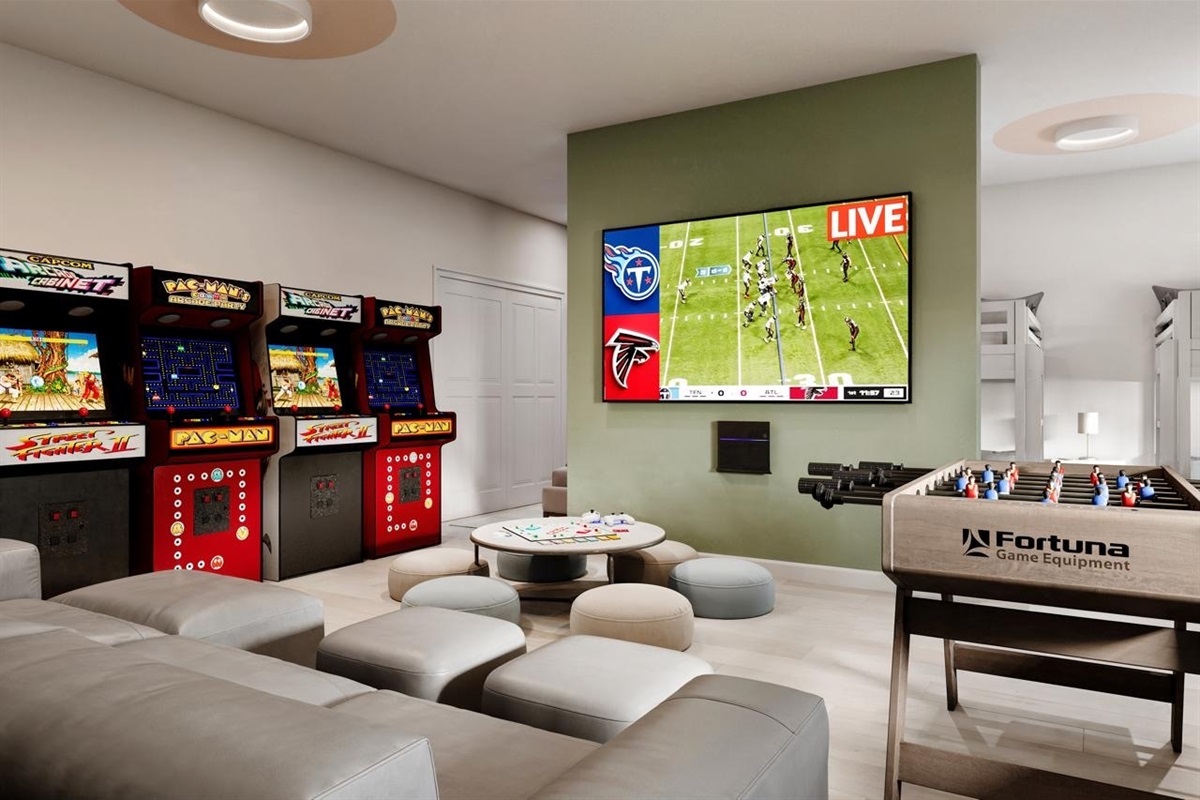 Bedroom 5 (1st Floor): QUEEN Bed + TWO Twin Bunk Beds, Game Room with 4 Arcade Games, Shuffle Board, Foosball, 65" Smart TV  (Rendering, new photo coming soon!)