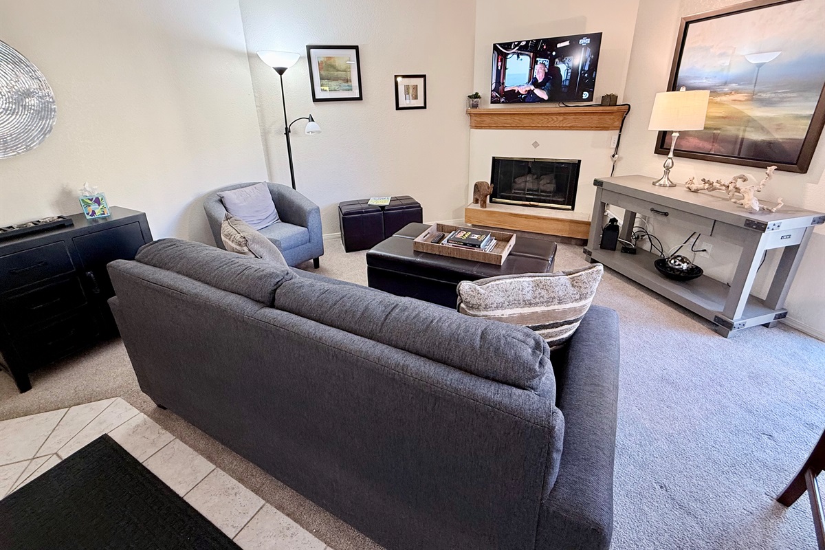 Living Area, with wall mounted smart tv and cable.