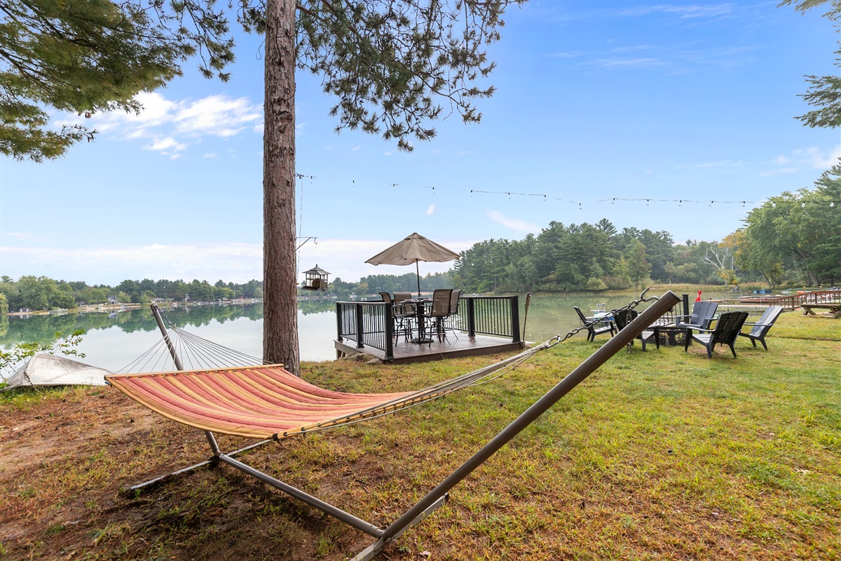 Enjoy a peaceful snooze in the hammock—lake breezes and pure relaxation included.