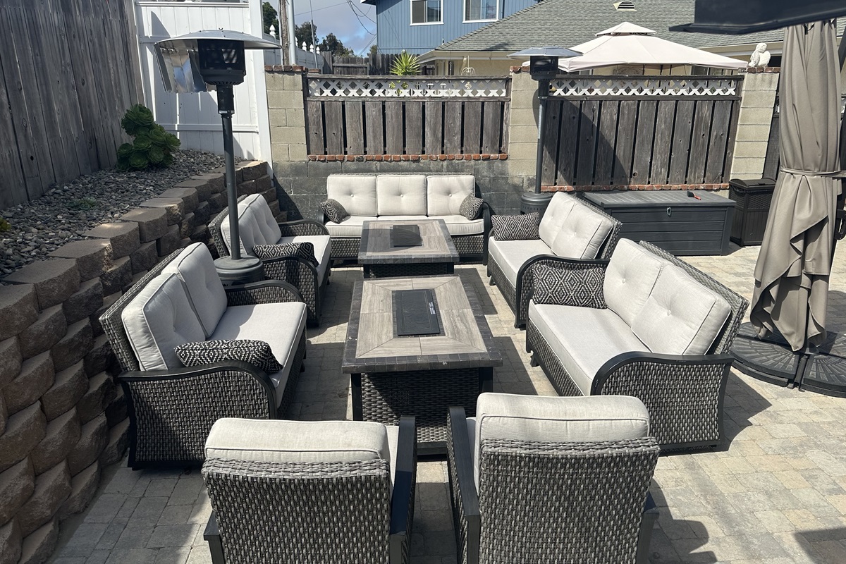 Seating for 13 with 2 fire tables and patio heater