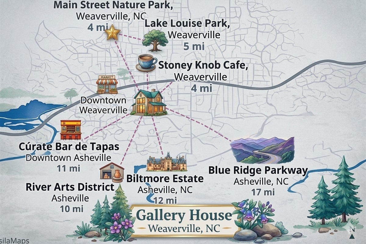 {Location} Tucked into the mountains, yet just minutes from Asheville’s best restaurants, breweries, and iconic destinations — 12 min to the Biltmore and 15 min to downtown Asheville.