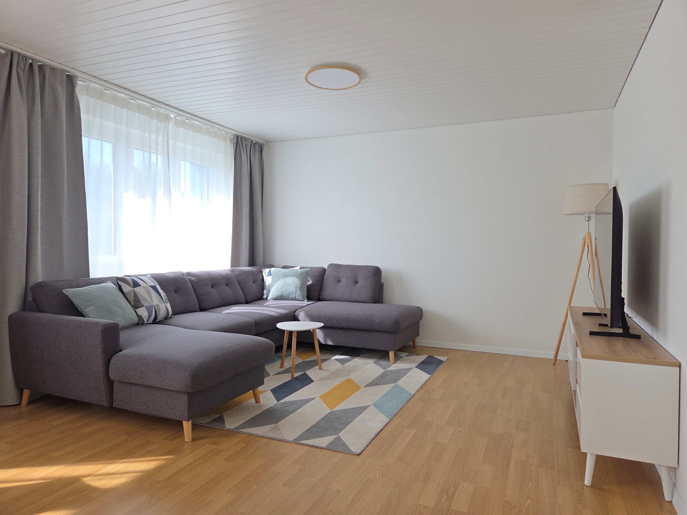 The living room has a big, comfortable sofa that can be converted into a bed.