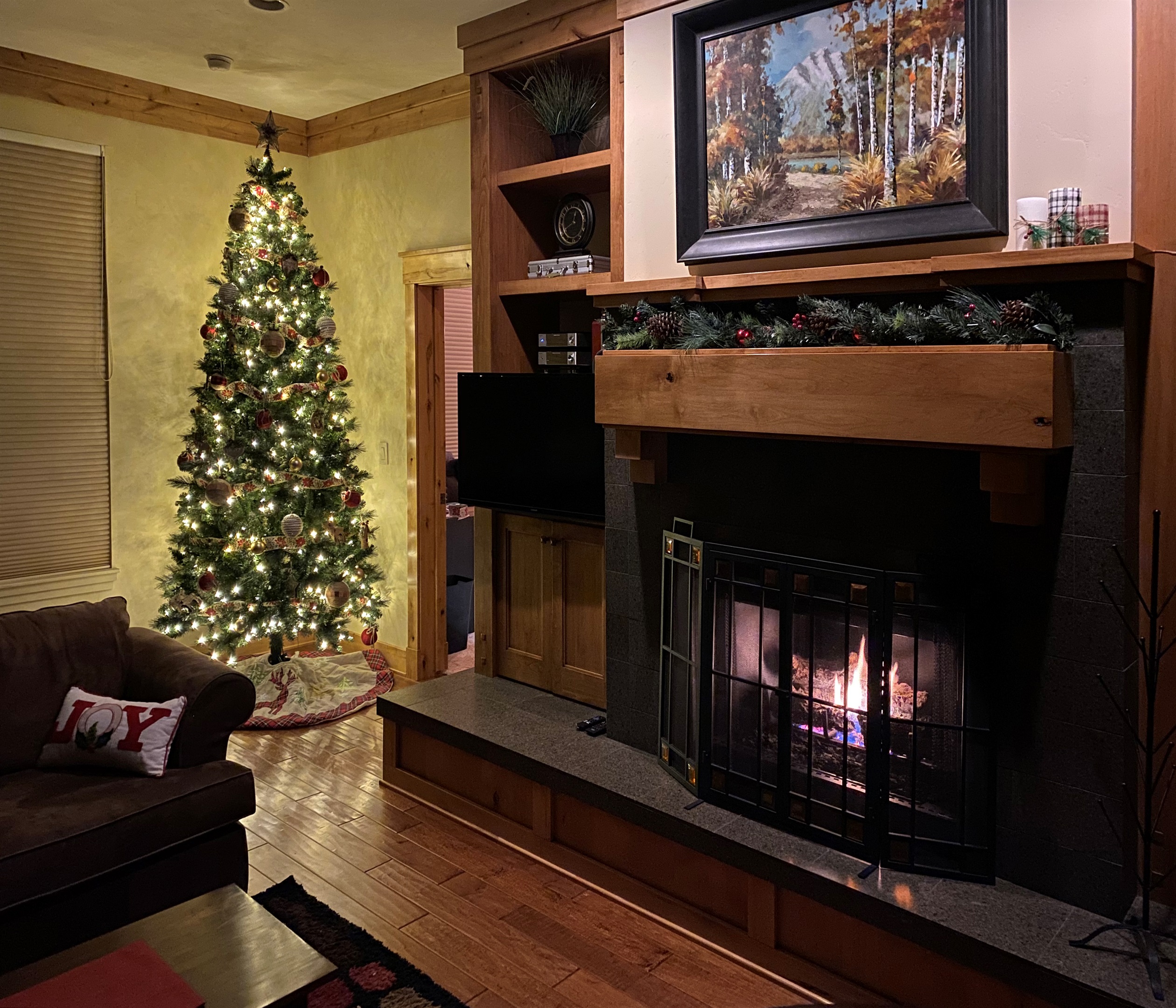 Christmas tree and decor are set up for the holiday season.