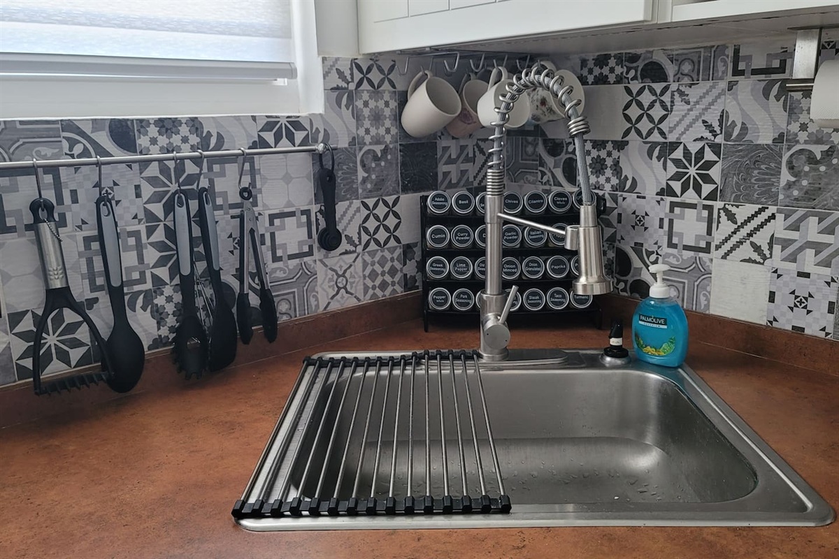 Stainless steel sink, assorted spices, cooking utensils