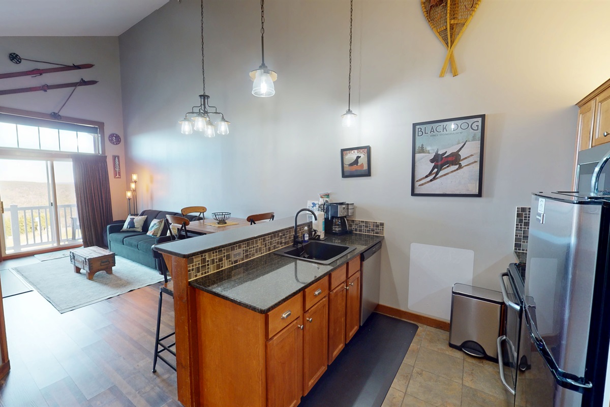 Enjoy meals together with ski-inspired décor and rustic wood finishes.