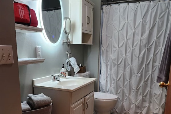 Full bathroom with shower and vanity.
