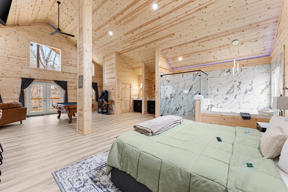 Comfortable bed designed for rest and relaxation with an open-space layout