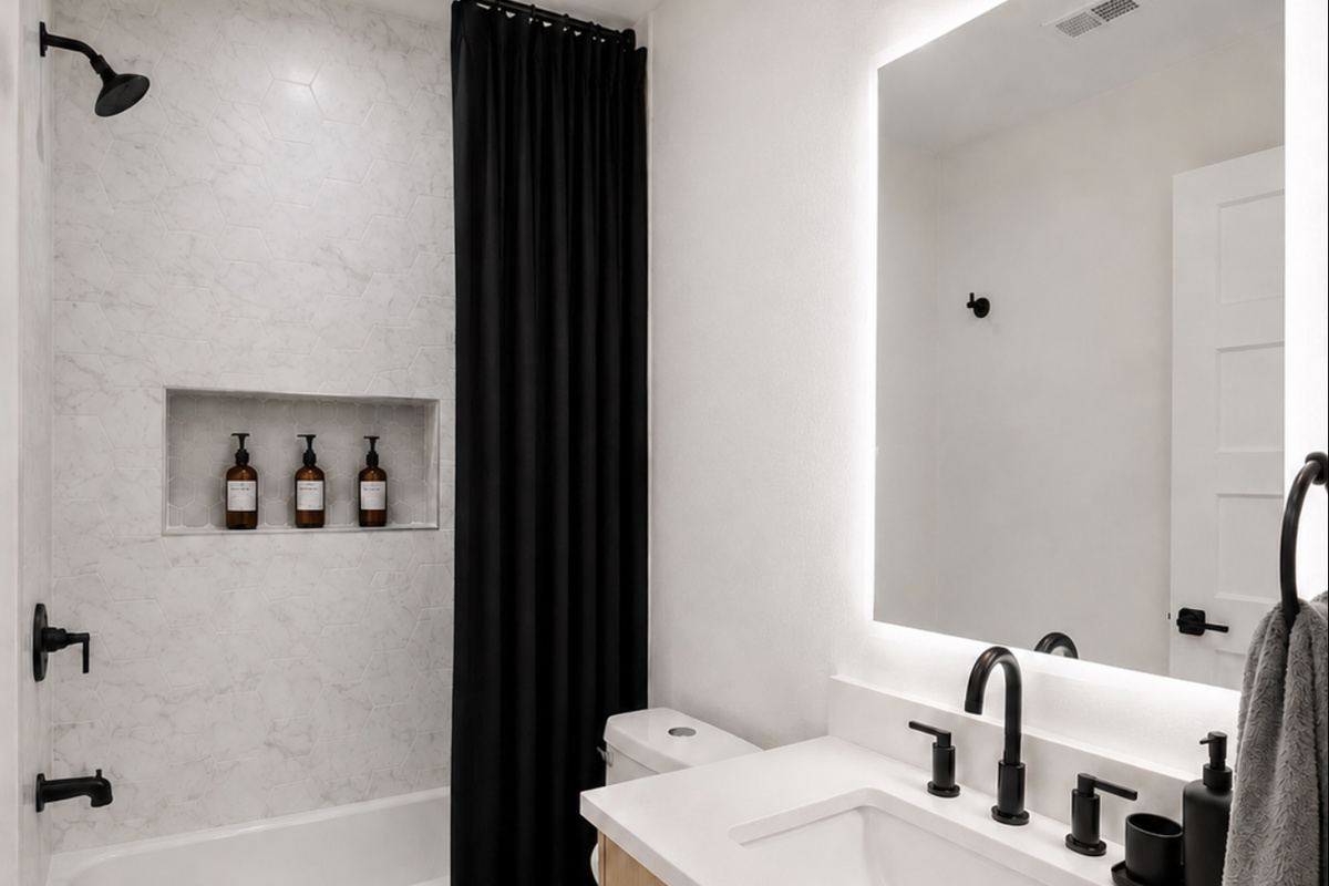 Elegant marble and modern fixtures for a refreshing experience!