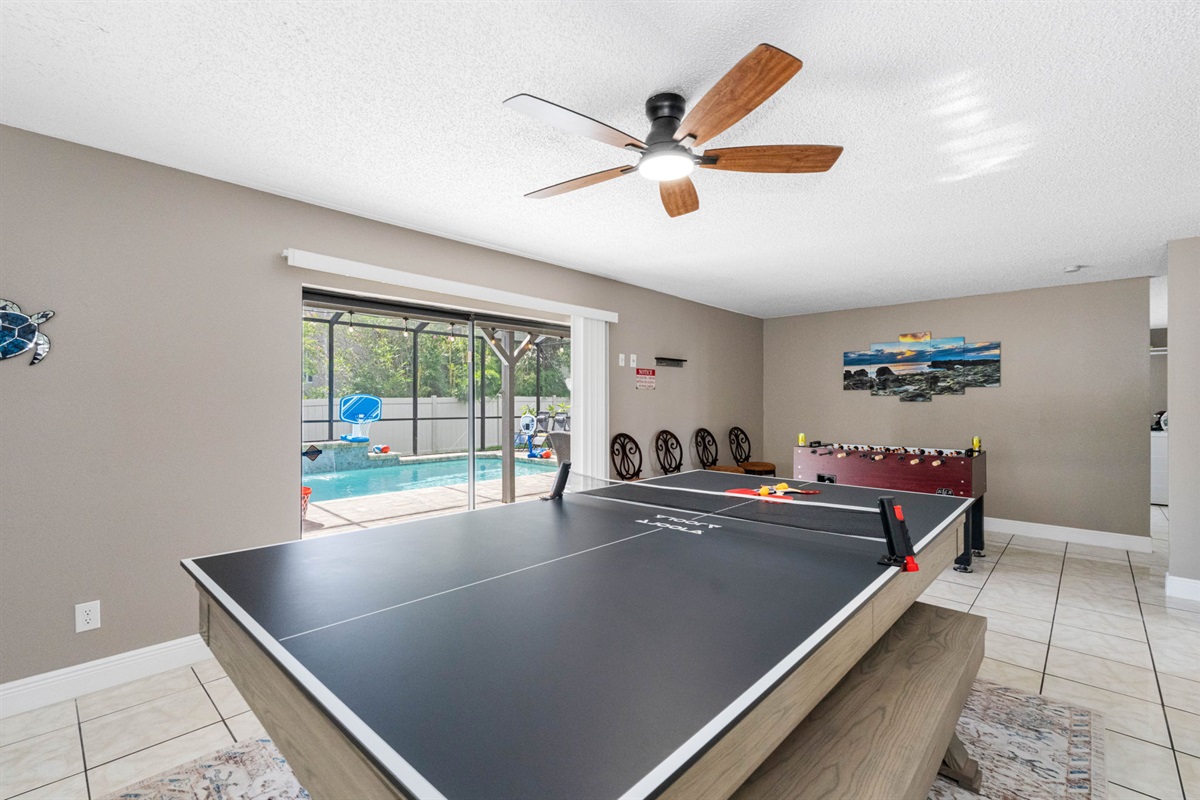 Whether you're enjoying dinner or a competitive ping pong match, this vibrant space delivers endless options for bonding and entertainment.