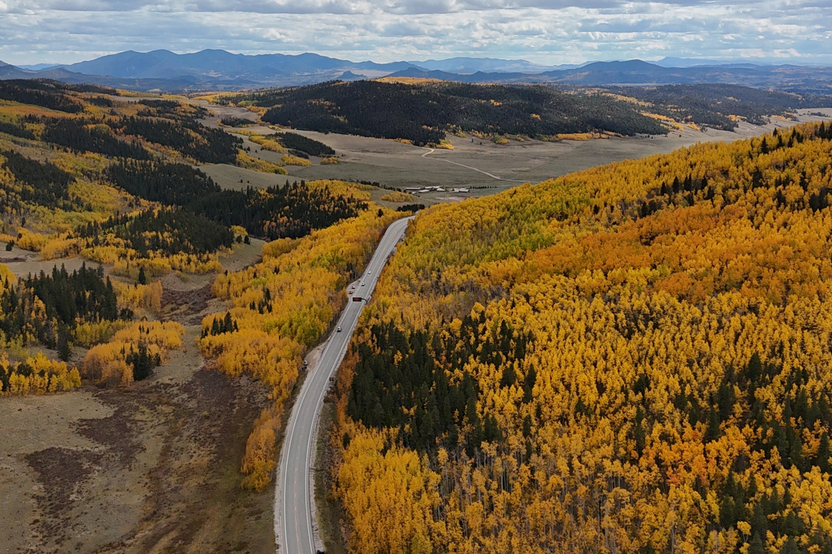 Breathtaking aerial shots of vibrant autumn aspen groves and changing mountain foliage in the local area.