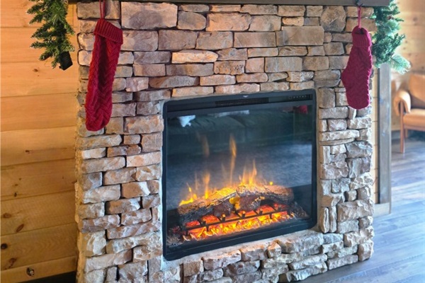 The cabin is decorated for the holidays - 2nd floor living room
