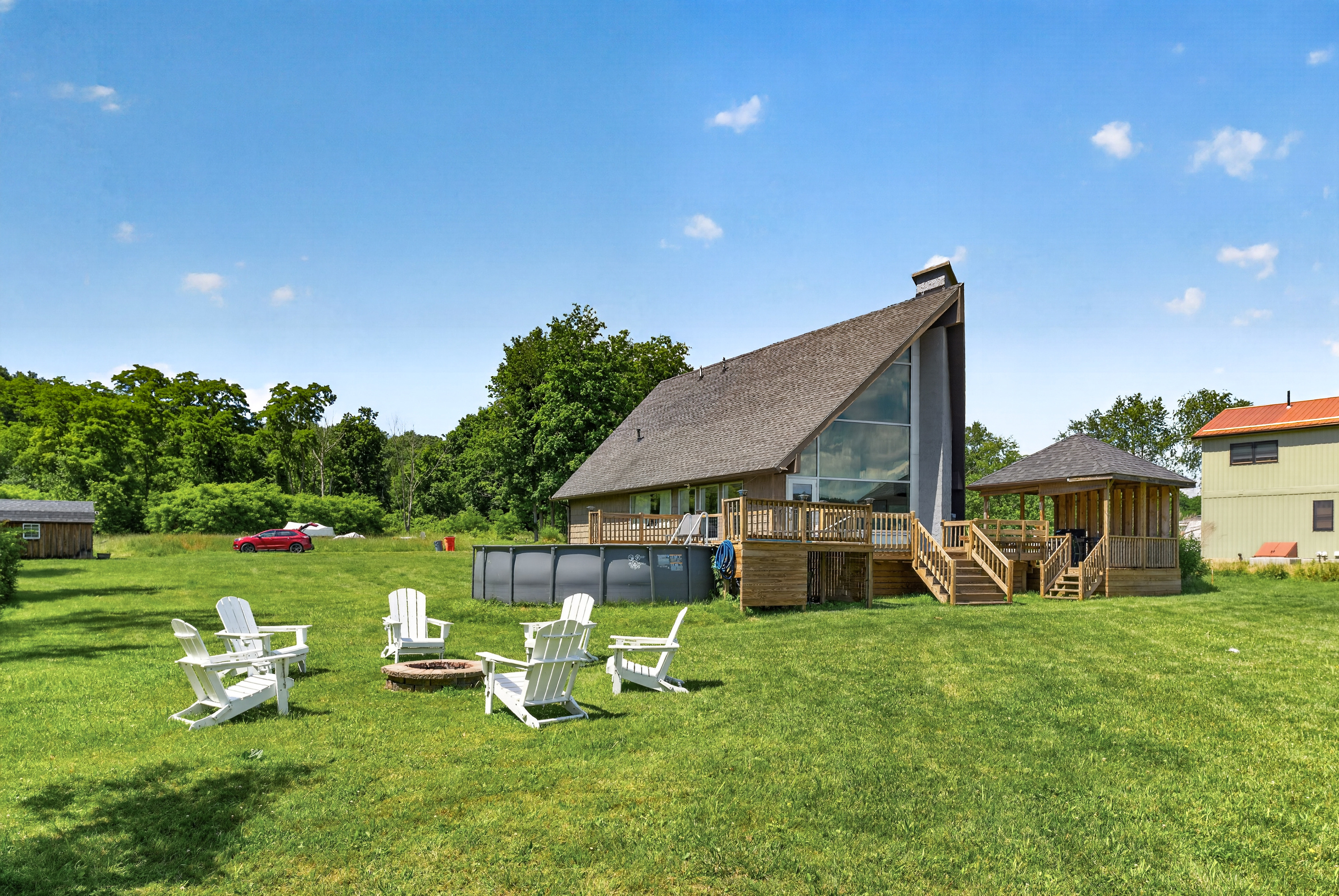 Fire pit seating on the open lawn