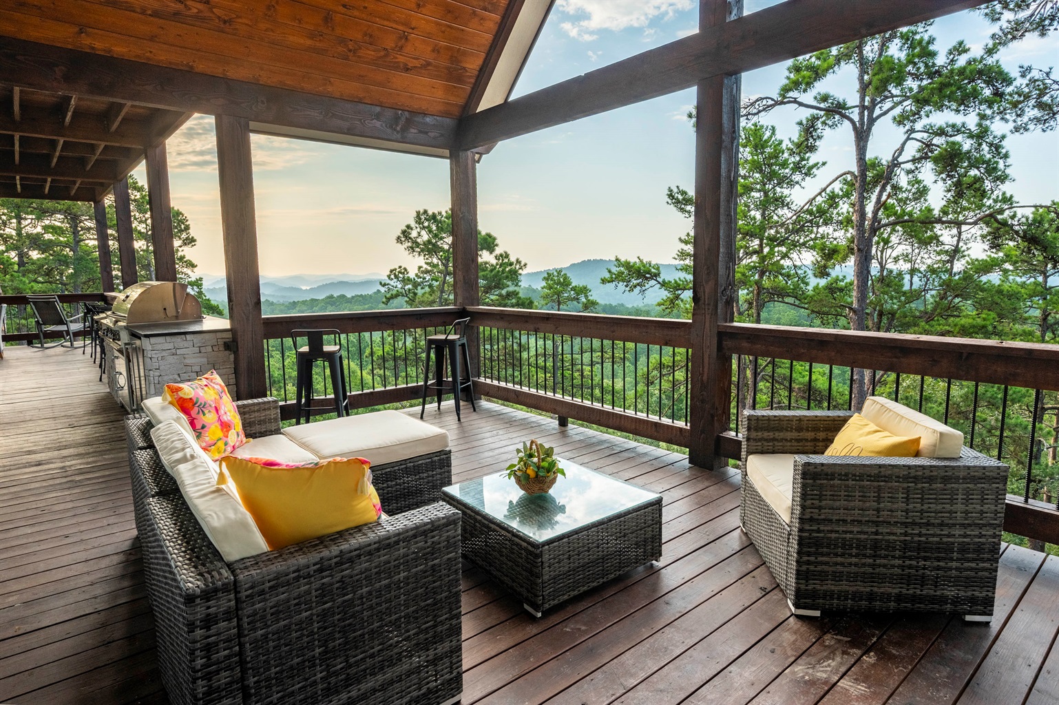 Relax on the covered deck with stunning mountain views.