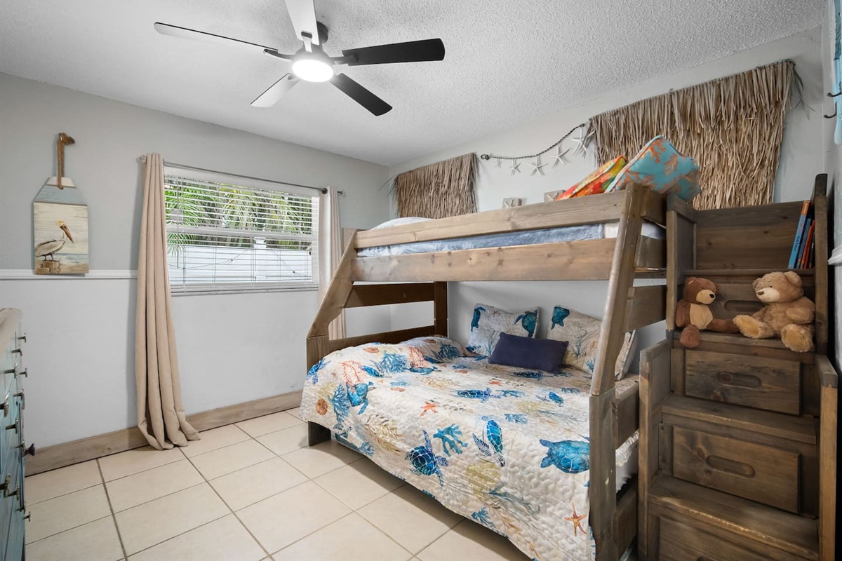 Bedroom 3 has a bunk bed; the lower level is twin size, and the upper level is a single bed size