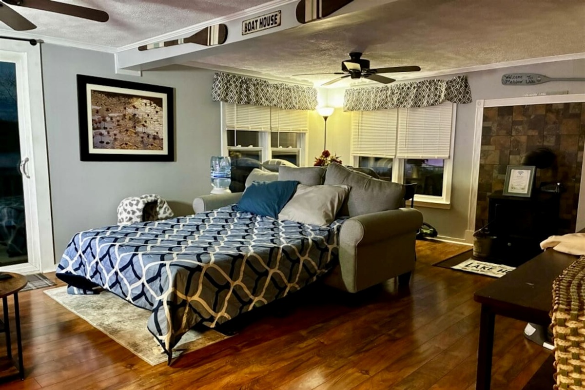 This is the sofa couch. You’ll find the bedding in the living room closet. Easy to make. 