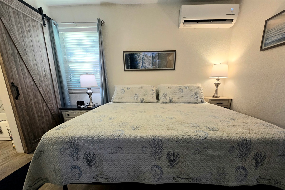Rest easy in this king memory foam w/cooling gel topper. Super soft & comfy yet supportive!  The house has central air AND you also have a mini split to adjust the temperature just right for you!