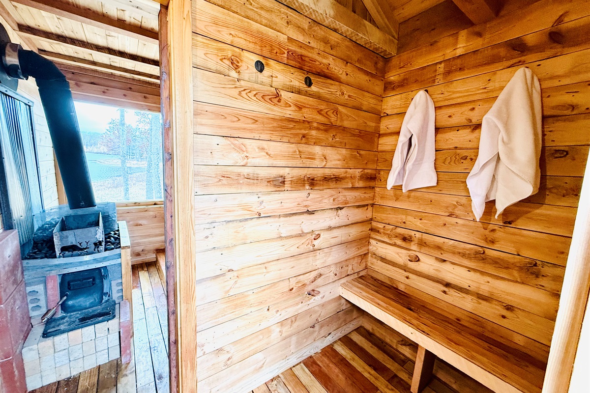Changing room inside the sauna building.