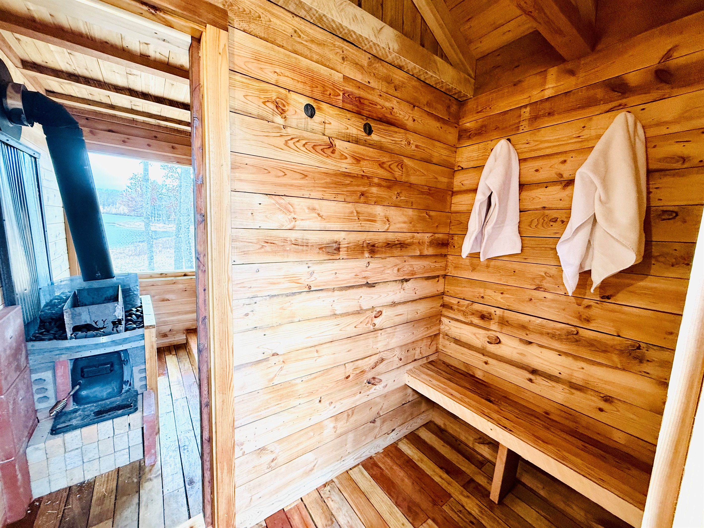 Changing room inside the sauna building.