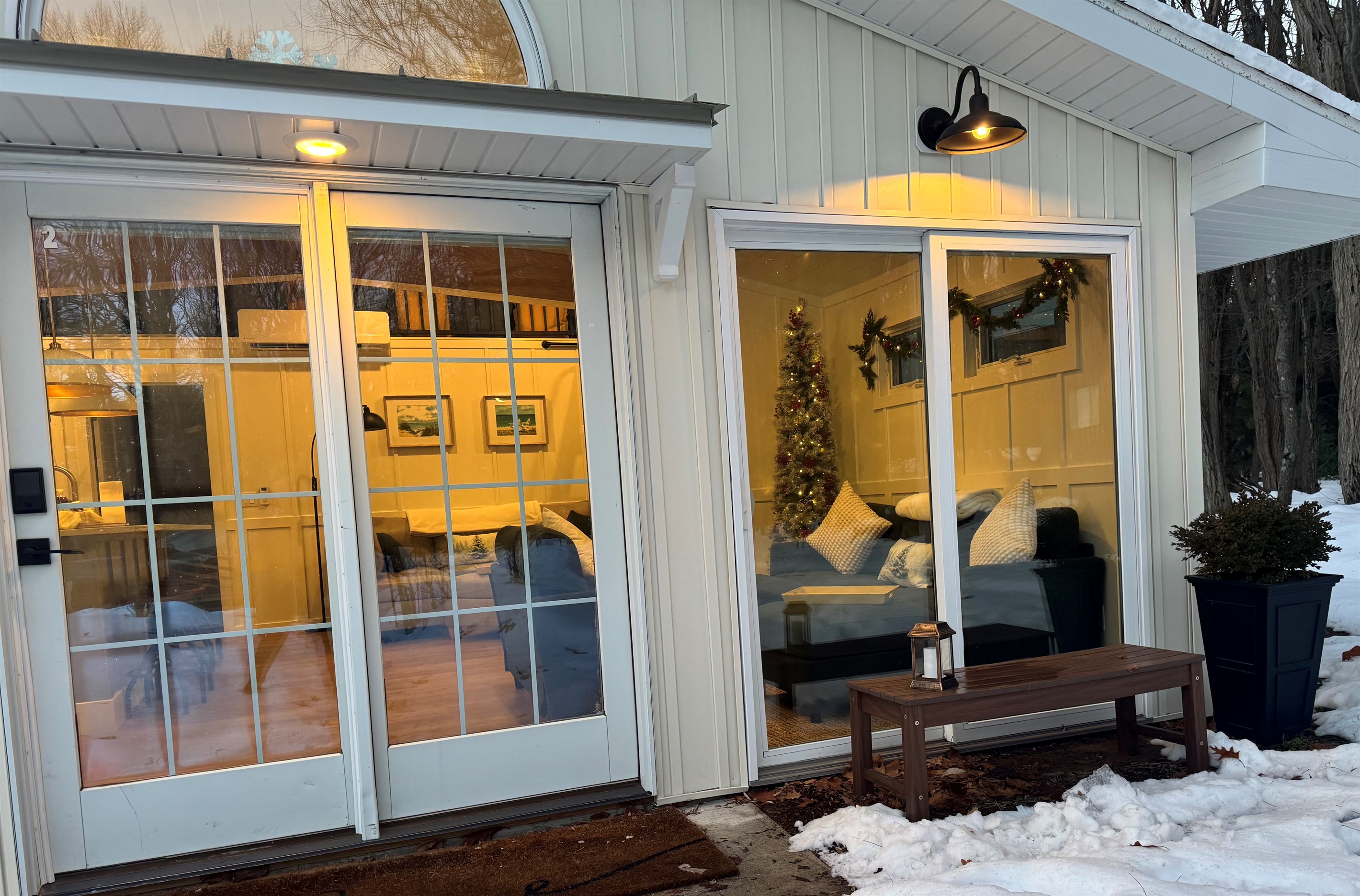 The floor to ceiling glass doors make it feel like you are in your own snow globe! All windows have adjustable cellular shades