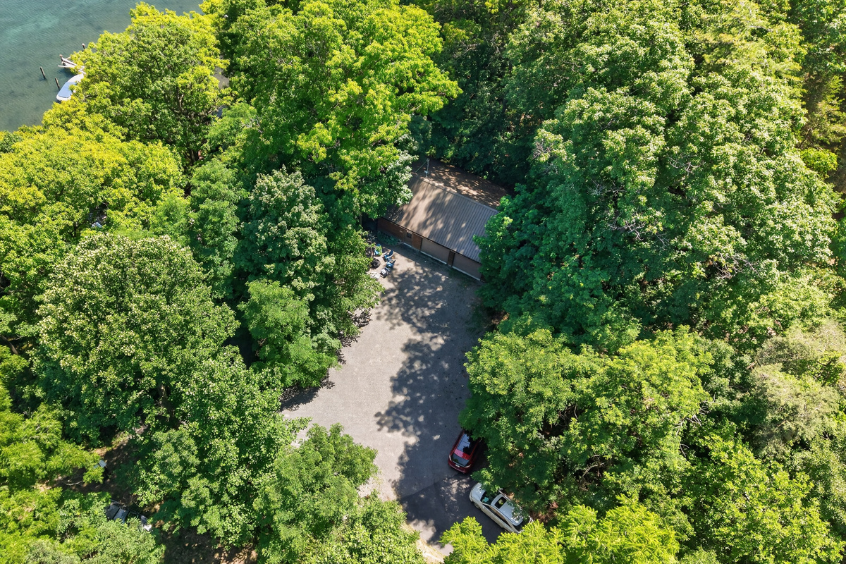 Aerial view of the tree-lined driveway