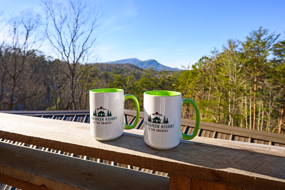 View off back deck of Cypress Springs Lodge with shameless logo plug on mugs